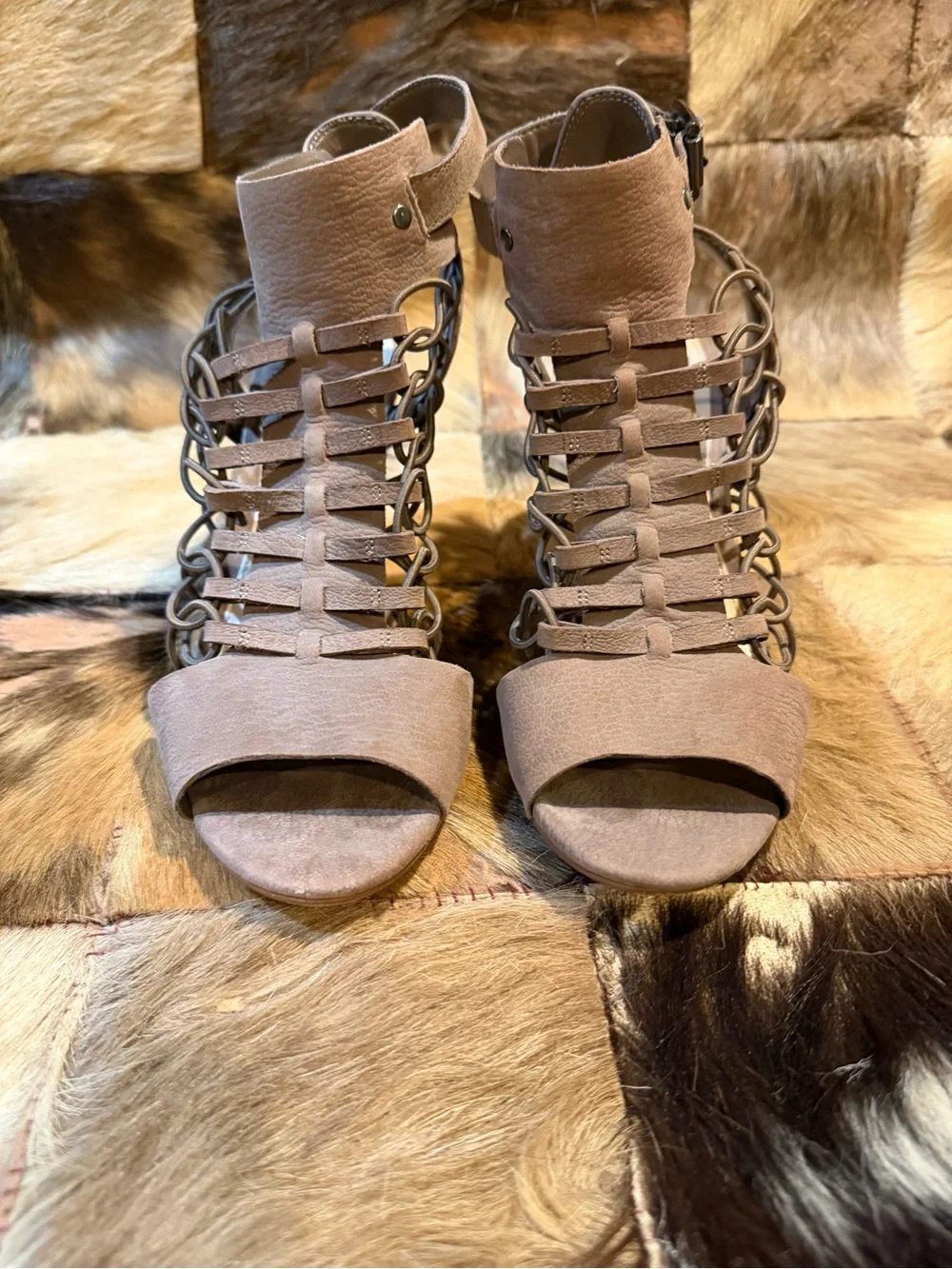 Vince Camuto Taupe Lace-Up Caged Open-Toe Heels